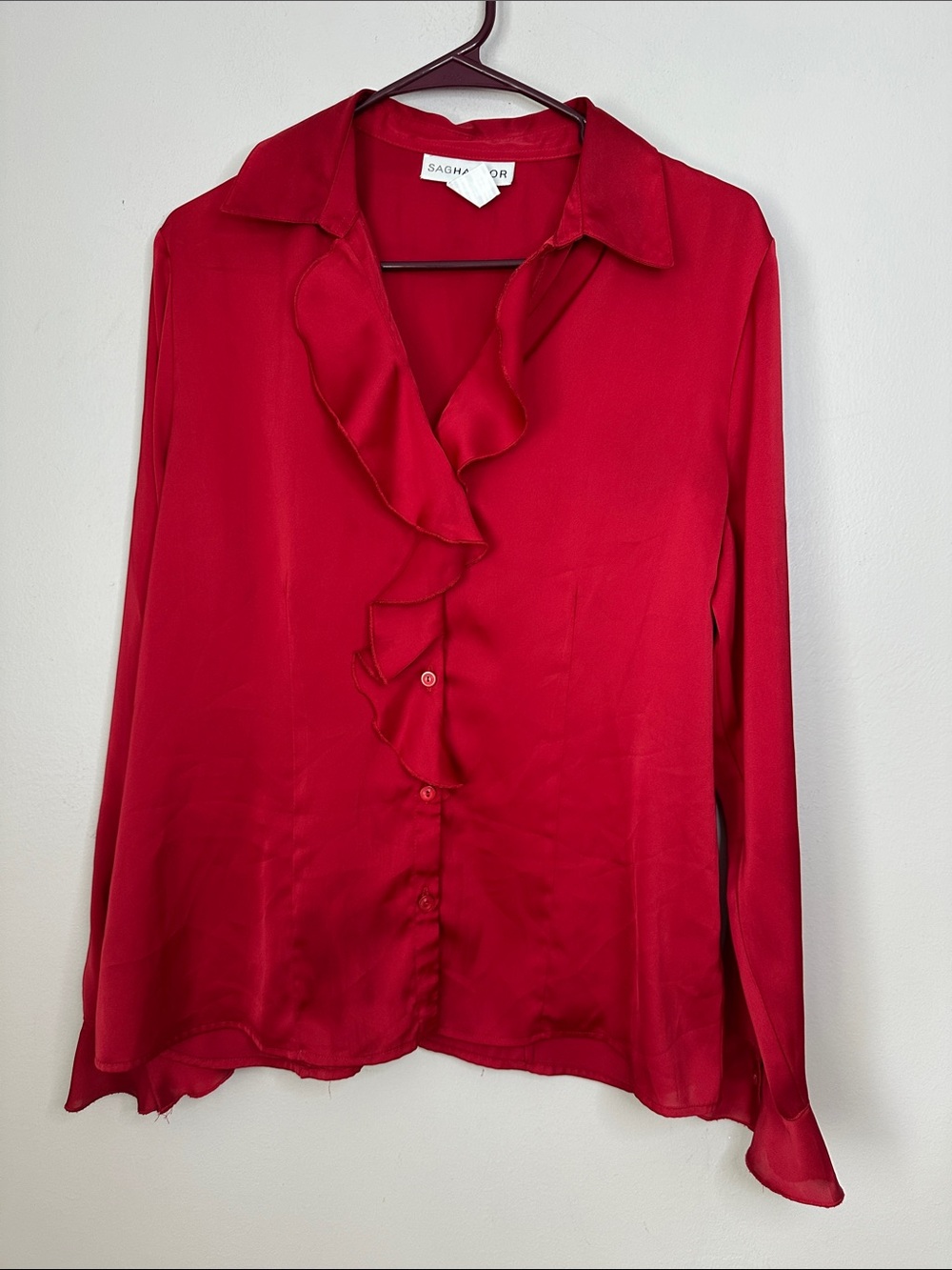 Red Ruffle-Front Long Sleeve Blouse size M